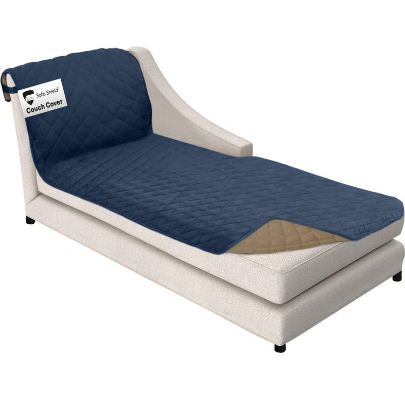 Sofa Shield Chaise Slip Cover with Patented Strap, Cushion Protector, US Designed Reversible Stain and Dog Tear Resistant Slipcover, 102x34 inch Seat, Washable Covers for Dogs Pets, Navy Sand - Image 1